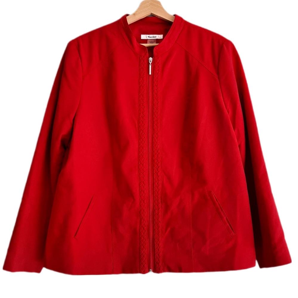 🍒 TANJAY Microsuede Full-zip Light Jacket Blazer Red Braid Detail PLUS Sz 18